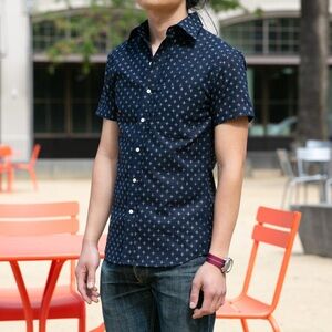 GUSTIN Indigo Star Blue Short Sleeve Button Up Shirt Men’s Small S Made In USA